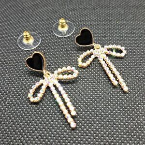 Black Heart and AB Rhinestone Bow Stud Dangle Earrings
